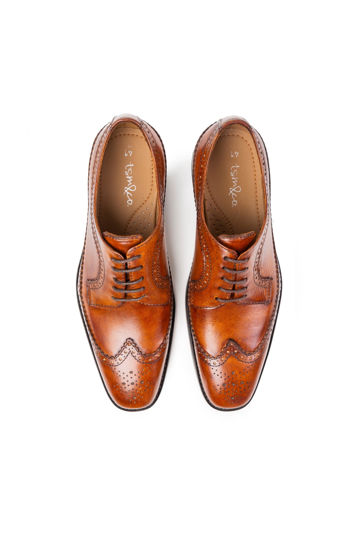 Amsterdam Cognac Patina long-wing brogue Derby top pair view