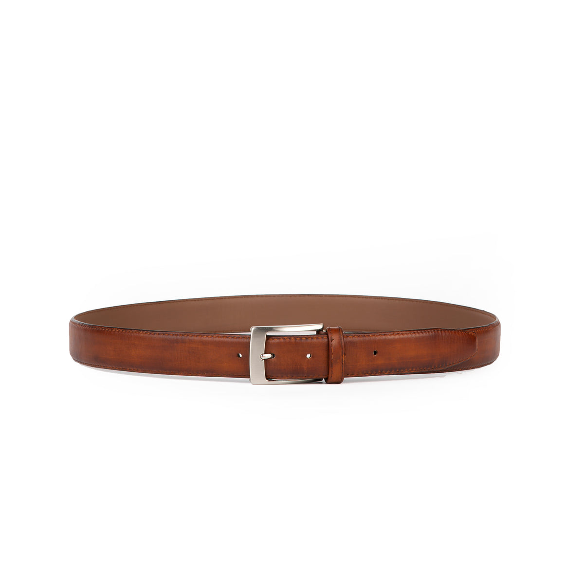 Antique cognac patina leather belt, full view