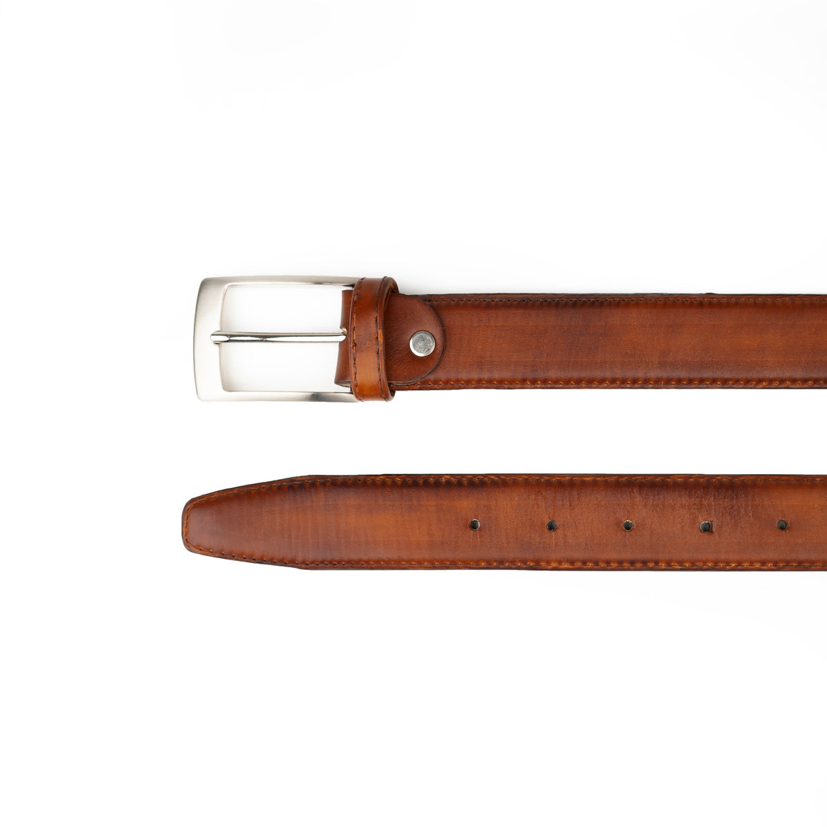 Antique cognac patina leather belt laid flat