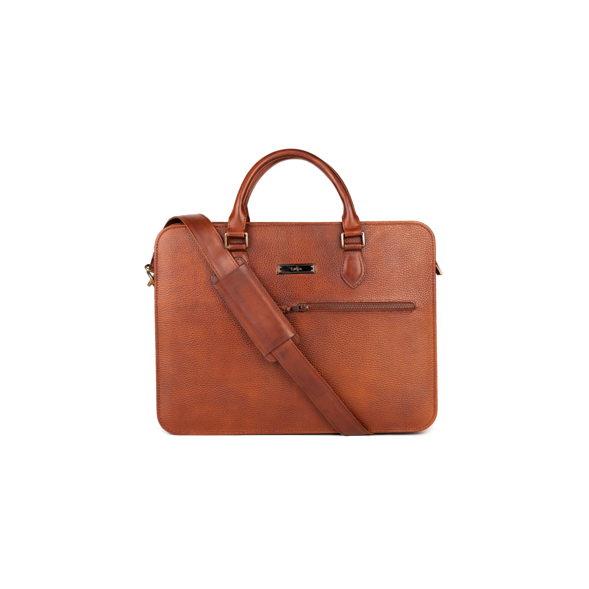 Bond St Antique Cognac Pebble Grain office bag – front view with shoulder strap