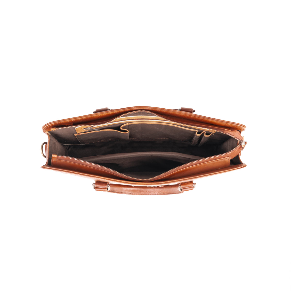 Bond St Antique Cognac Pebble Grain office bag – interior view
