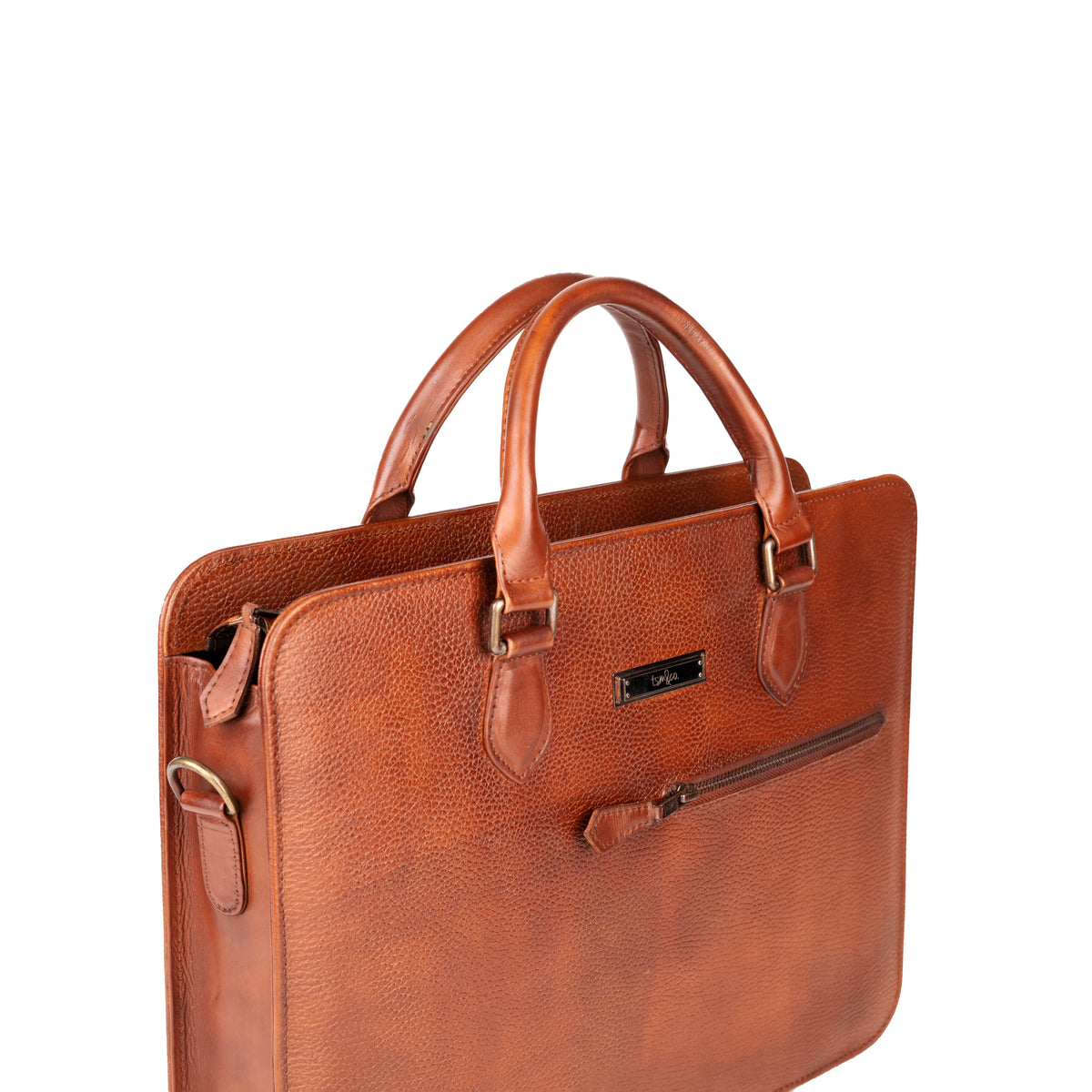 Bond St Antique Cognac Pebble Grain office bag – leather and hardware close-up
