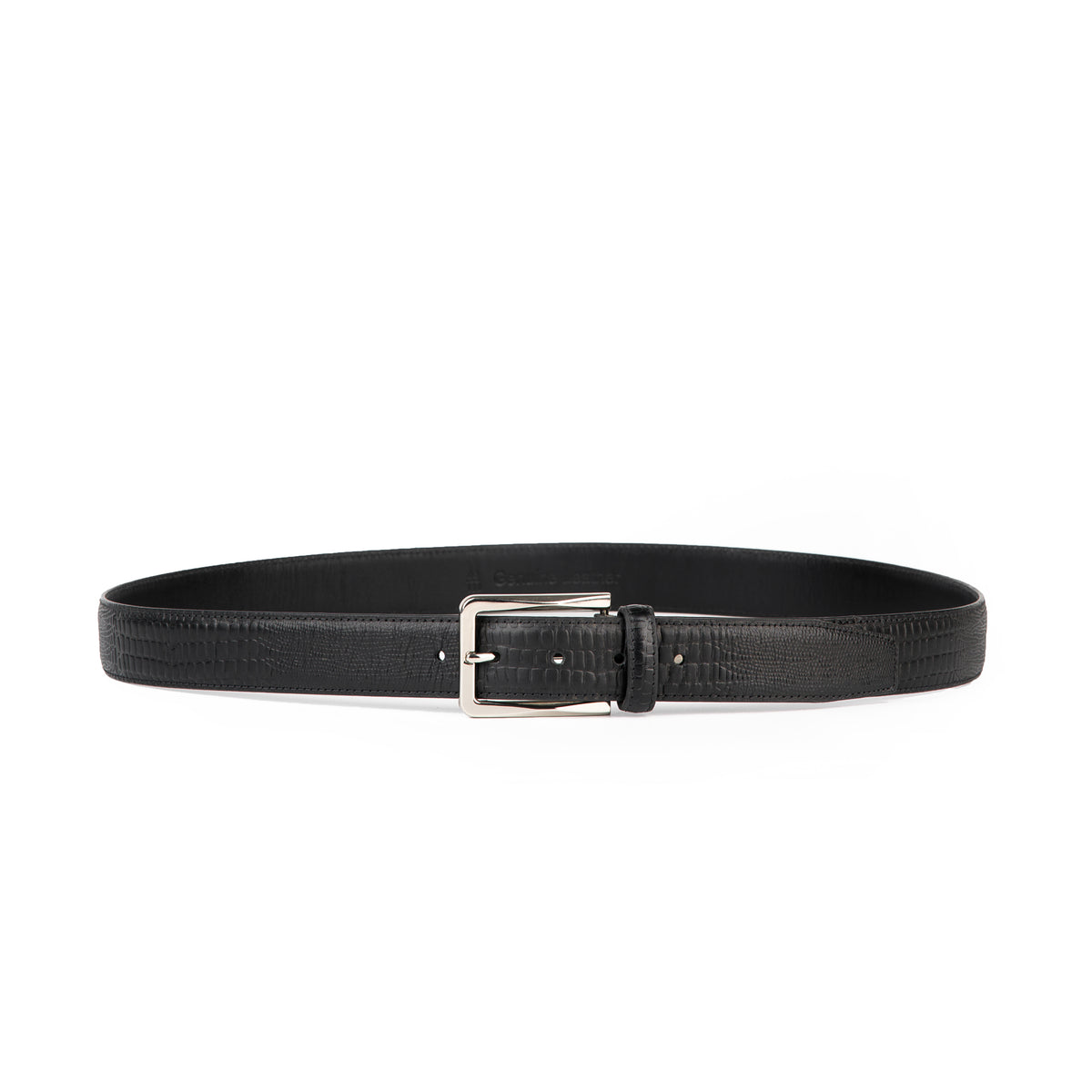 Black crocodile-print leather belt, full view