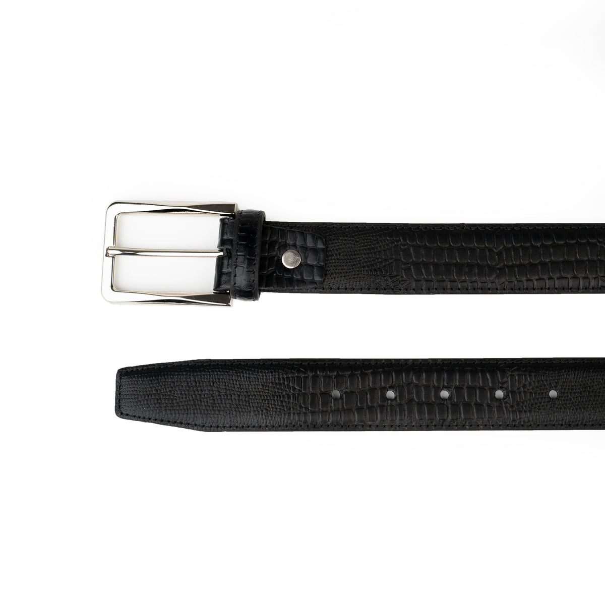 Black crocodile-print leather belt laid flat