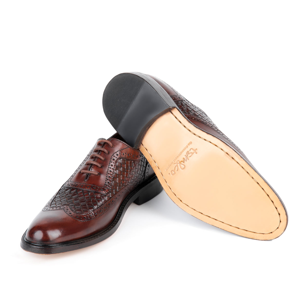 Dublin Tobacco Woven leather wingtip Oxford - leather sole view