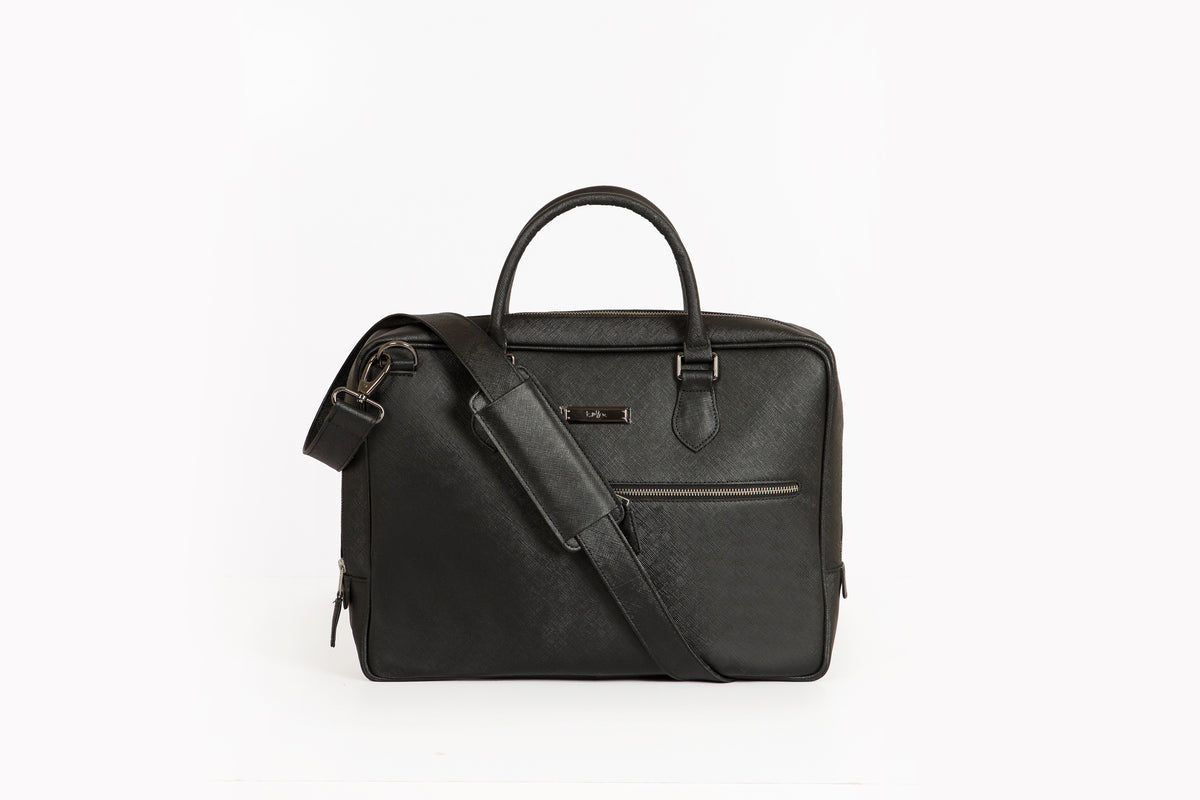 Fifth Avenue Black Saffiano office bag - front with shoulder strap