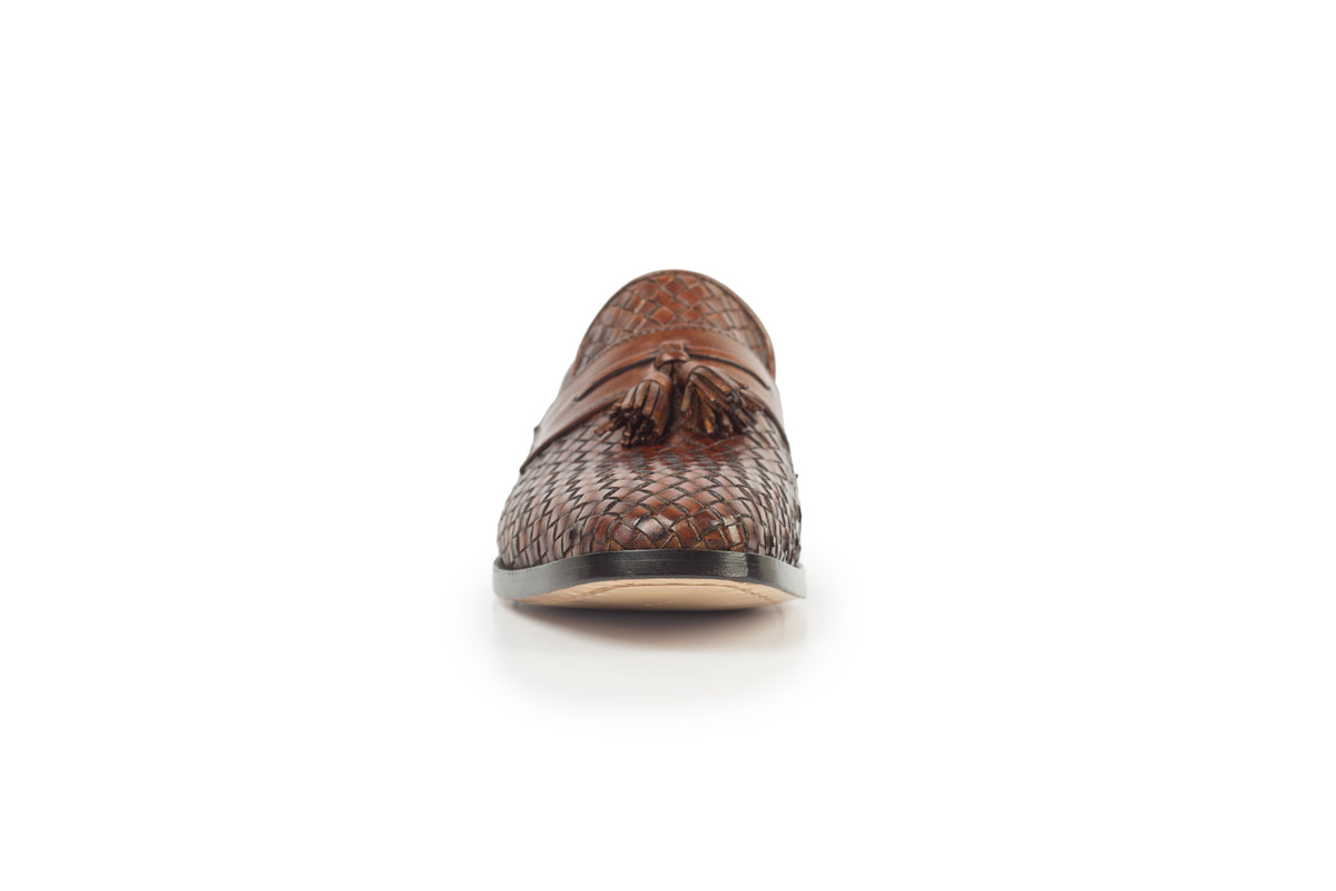 Tuscany Camel Patina woven tassel loafer - front view
