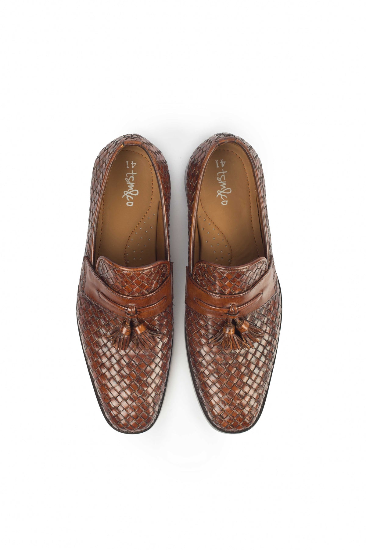 Tuscany Camel Patina woven tassel loafers - top pair view